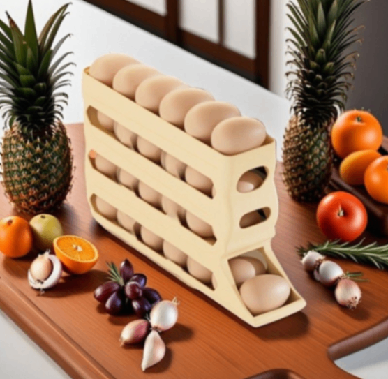 🥚スライド式卵収納盒 4段式ロールデザイン 冷蔵庫側面対応 キッチン収納ラック